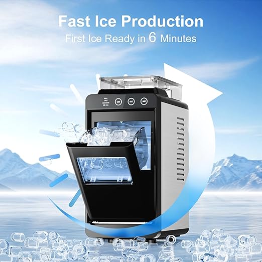 Kismile Countertop Ice Maker with 1.2L Top Water Tank, 8 Bullet Cubes in 6 Mins