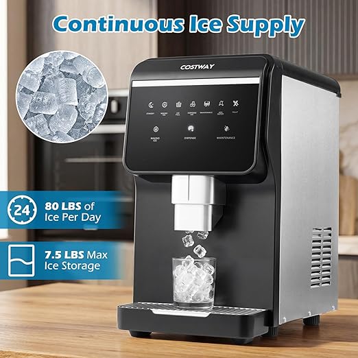 Costway Self Dispensing Nugget Ice Maker Countertop, 80Lbs/24H Soft Chewable Pellet Ice