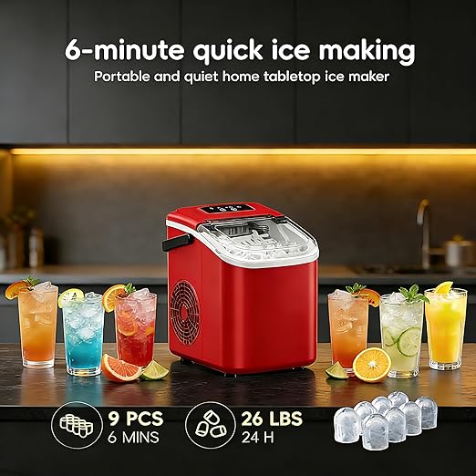 Bayany Countertop Ice Maker with Handle, 9 Ice Cubes in 6 Mins