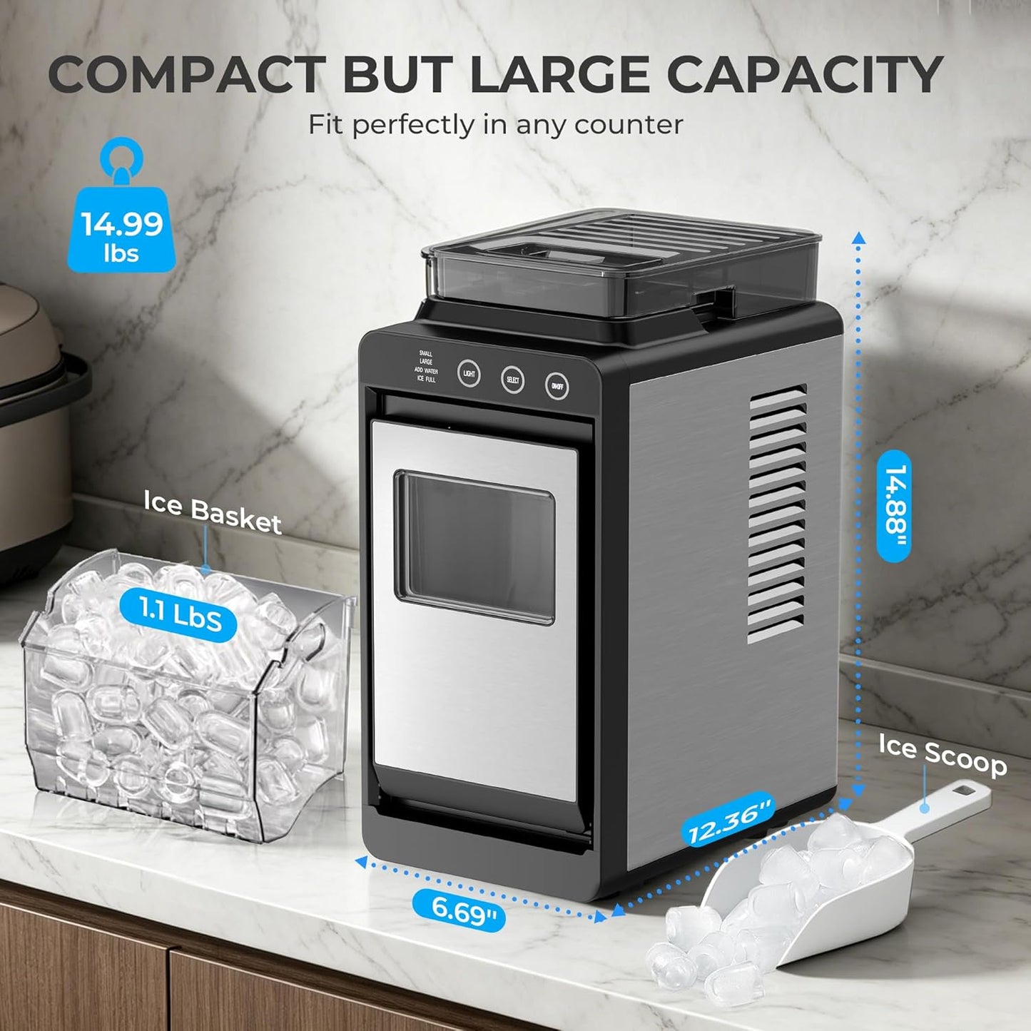 Electactic Countertop Ice Maker with 2L Dual Water Tank, 8 Bullet Ice Fast in 6 Mins