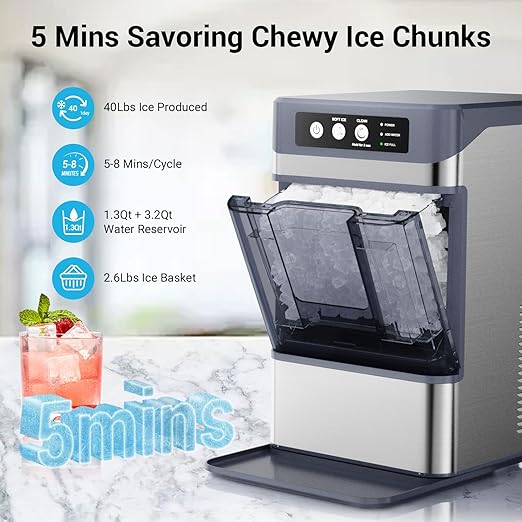 Fadhole Countertop Nugget Ice Maker with Water Tank, 40 lbs/24H
