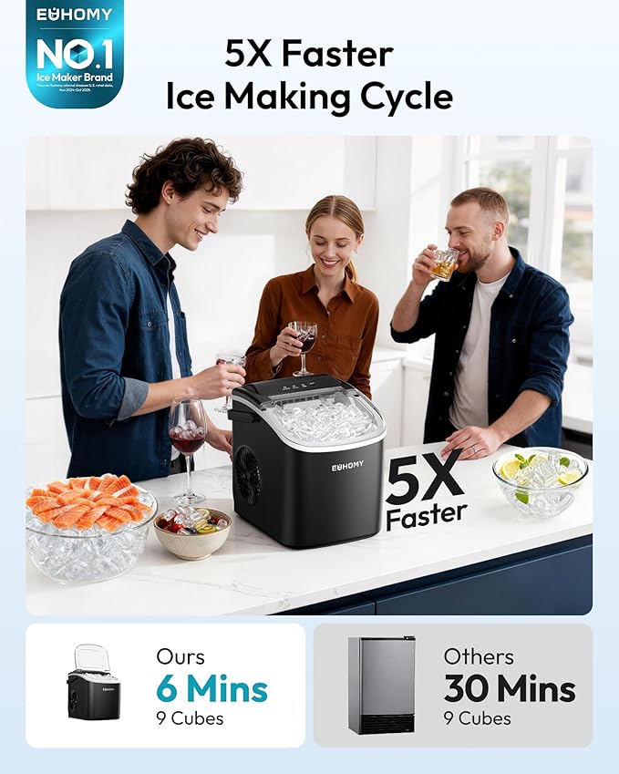 Euhomy Countertop Ice Maker Machine with Handle, 26lbs in 24Hrs