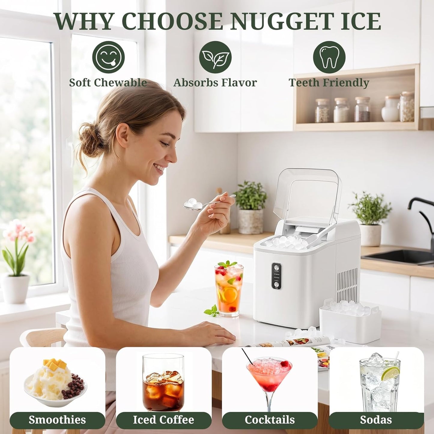 SageNest Nugget Ice Maker Countertop, 6-Min Fast Chewable Pellet Ice