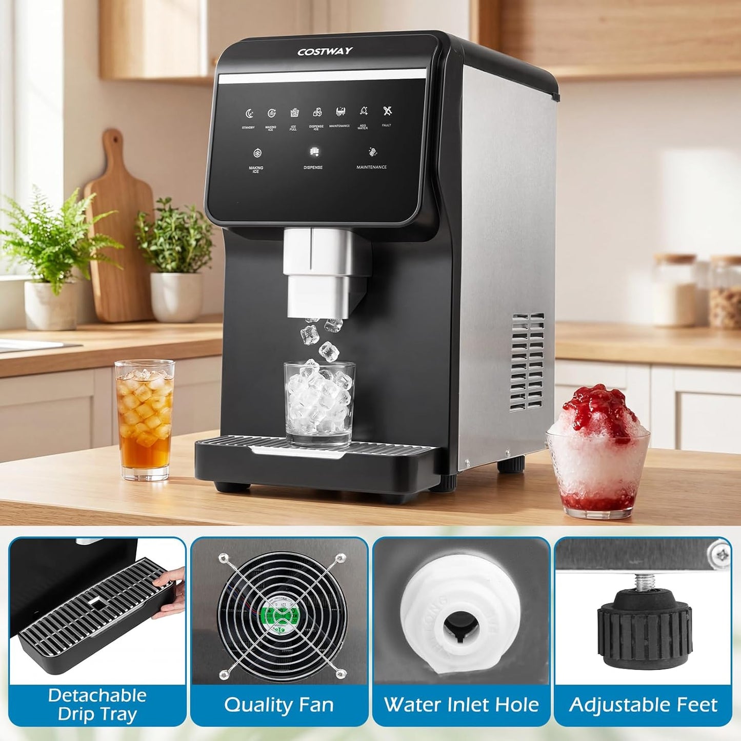 Costway Self Dispensing Nugget Ice Maker Countertop, 80Lbs/24H Soft Chewable Pellet Ice