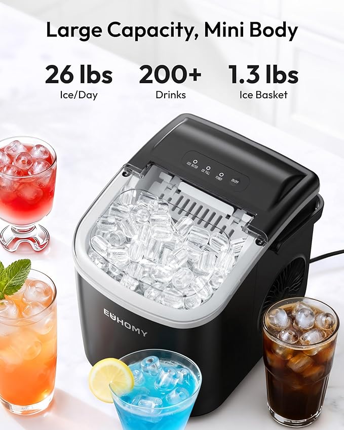 Euhomy Countertop Ice Maker Machine with Handle, 26lbs in 24Hrs