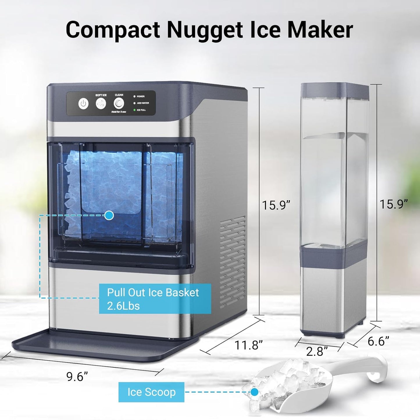 Fadhole Countertop Nugget Ice Maker with Water Tank, 40 lbs/24H