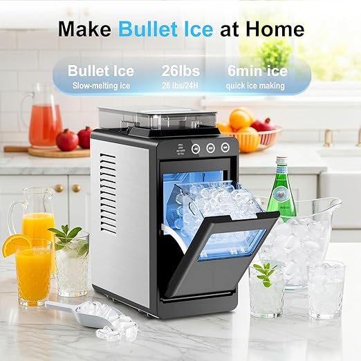 Kismile Countertop Ice Maker with 1.2L Top Water Tank, 8 Bullet Cubes in 6 Mins