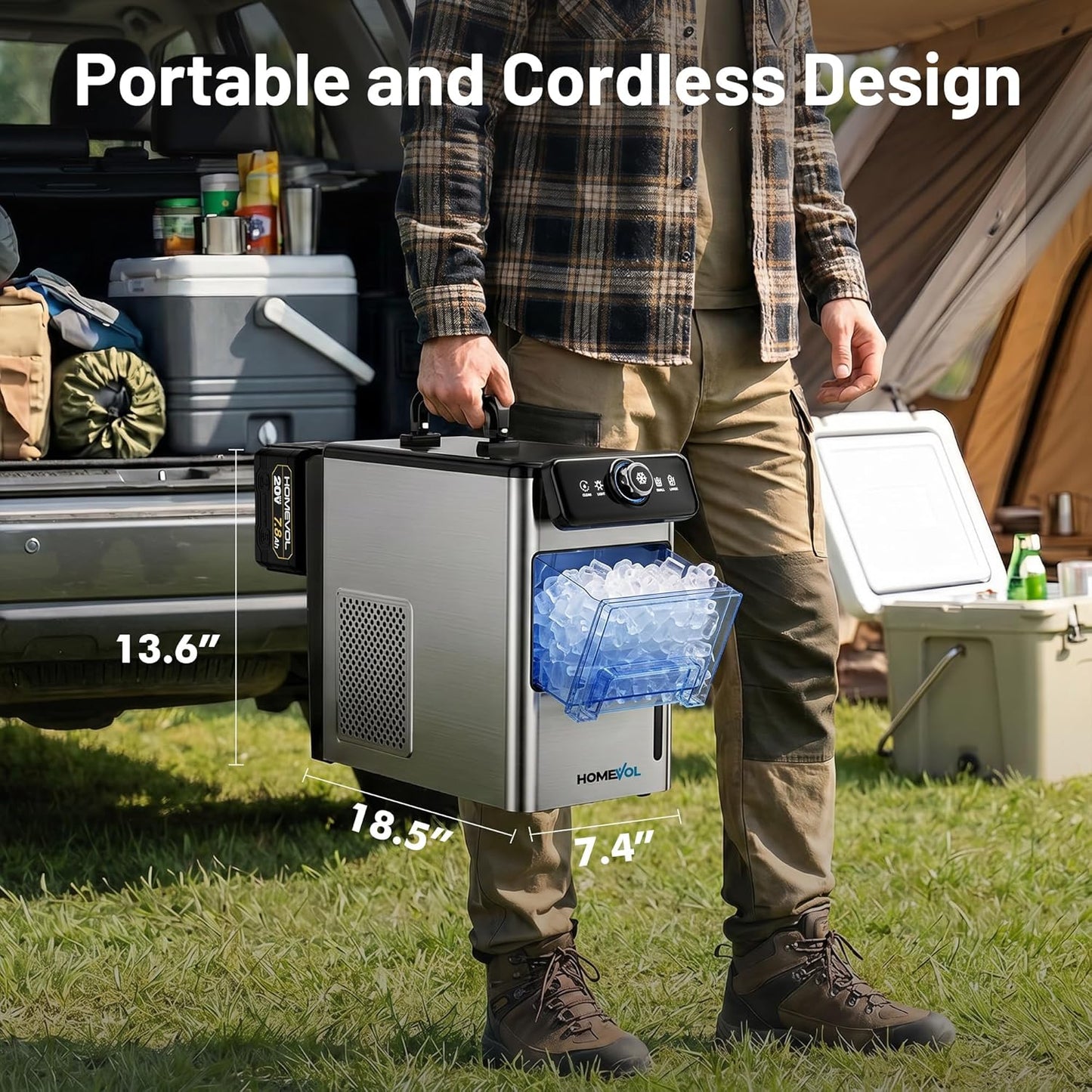 Homevol Cordless Rechargeable Battery Powered Ice Maker, 5.5H Max Runtime